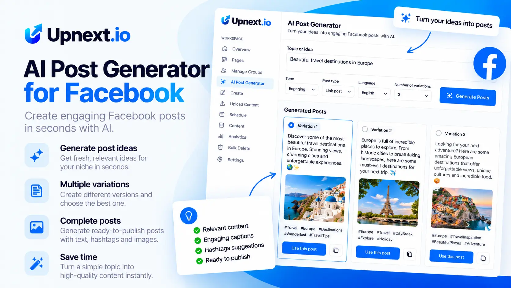 Upnext AI Facebook post generator for creating post ideas, captions and multiple text variations