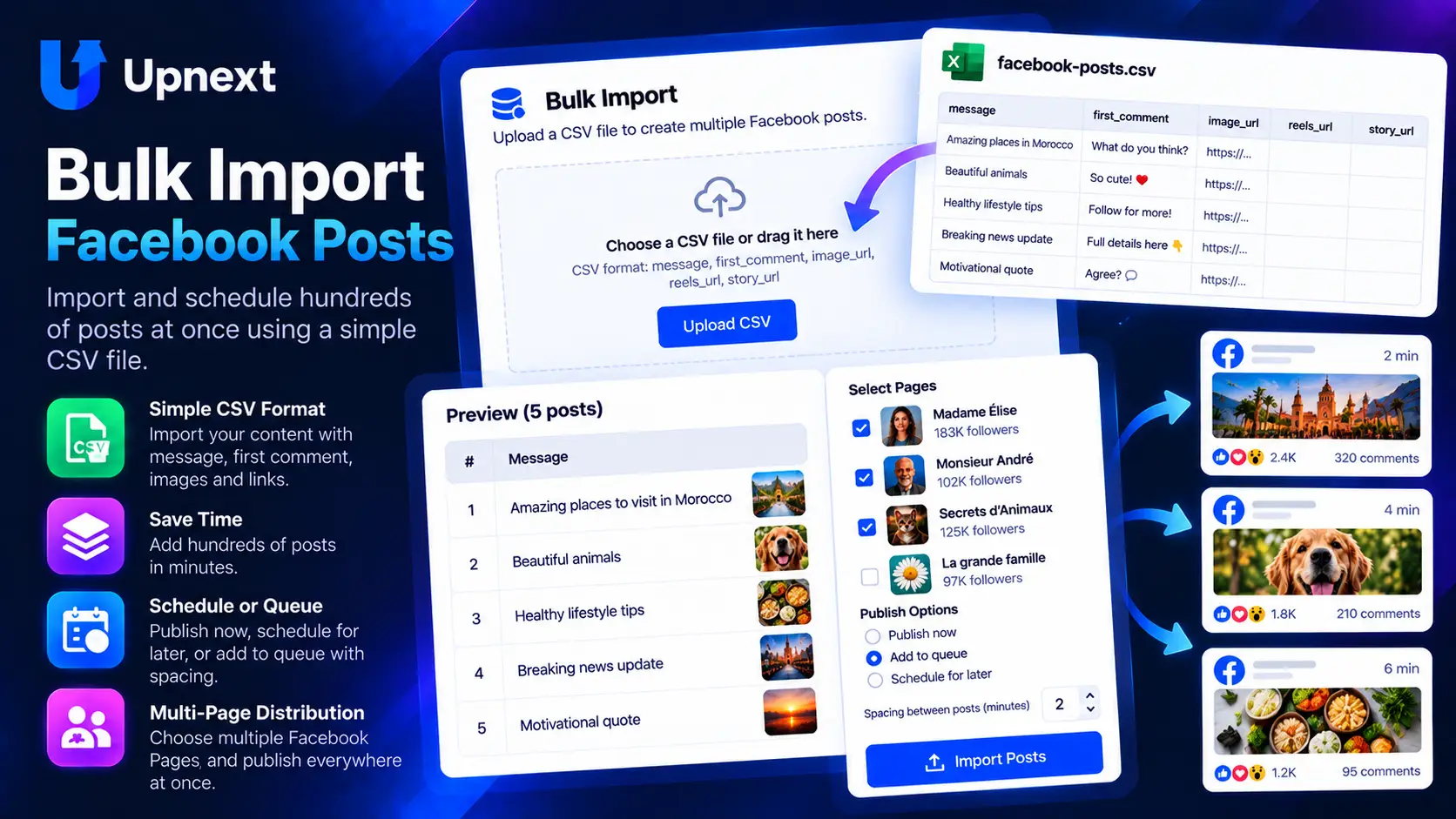 Upnext bulk Facebook post import using CSV for Posts, Reels and Stories across multiple Pages