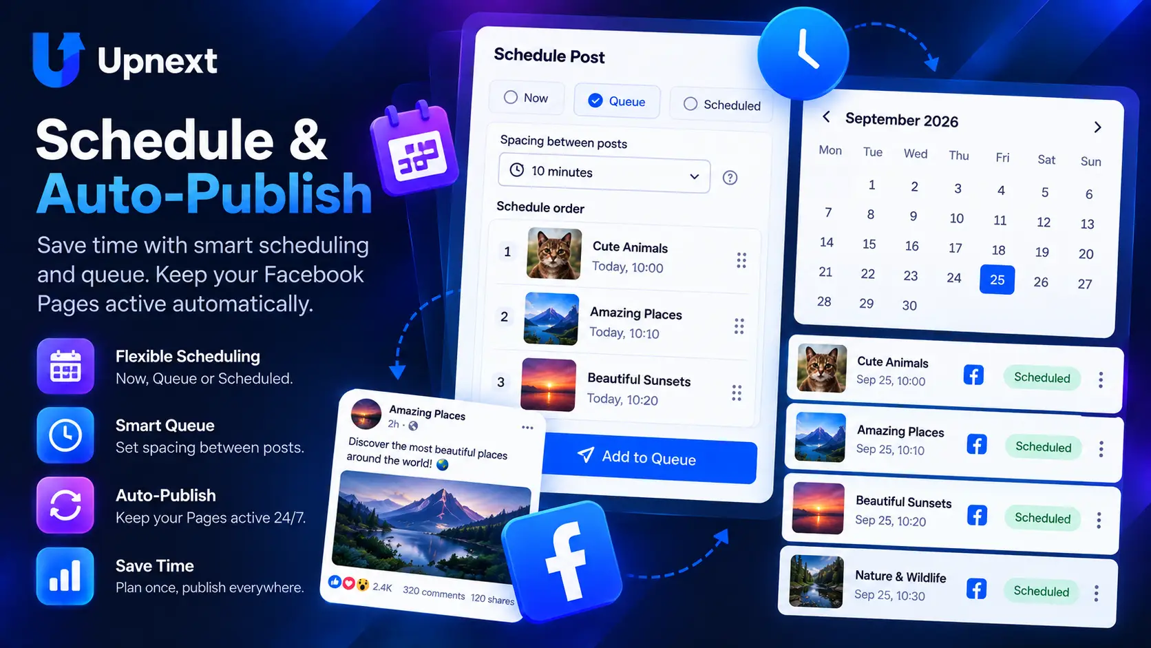 Upnext Facebook auto poster with scheduling, publishing queue and spacing between posts