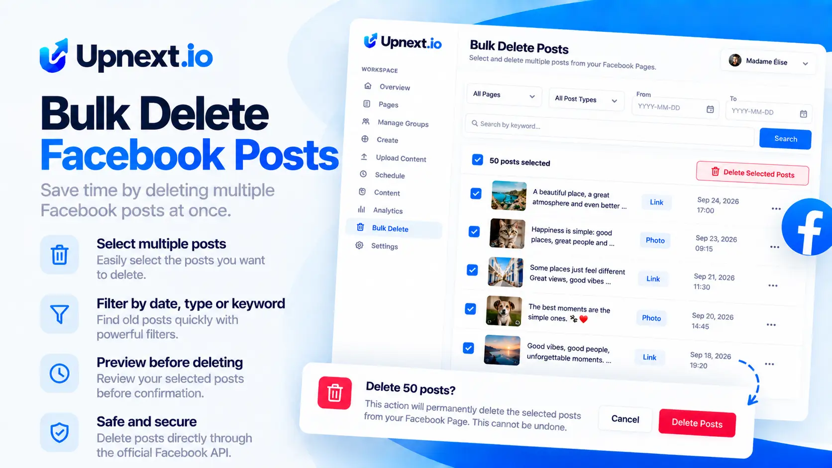 Upnext bulk delete tool for selecting and deleting multiple Facebook Page posts