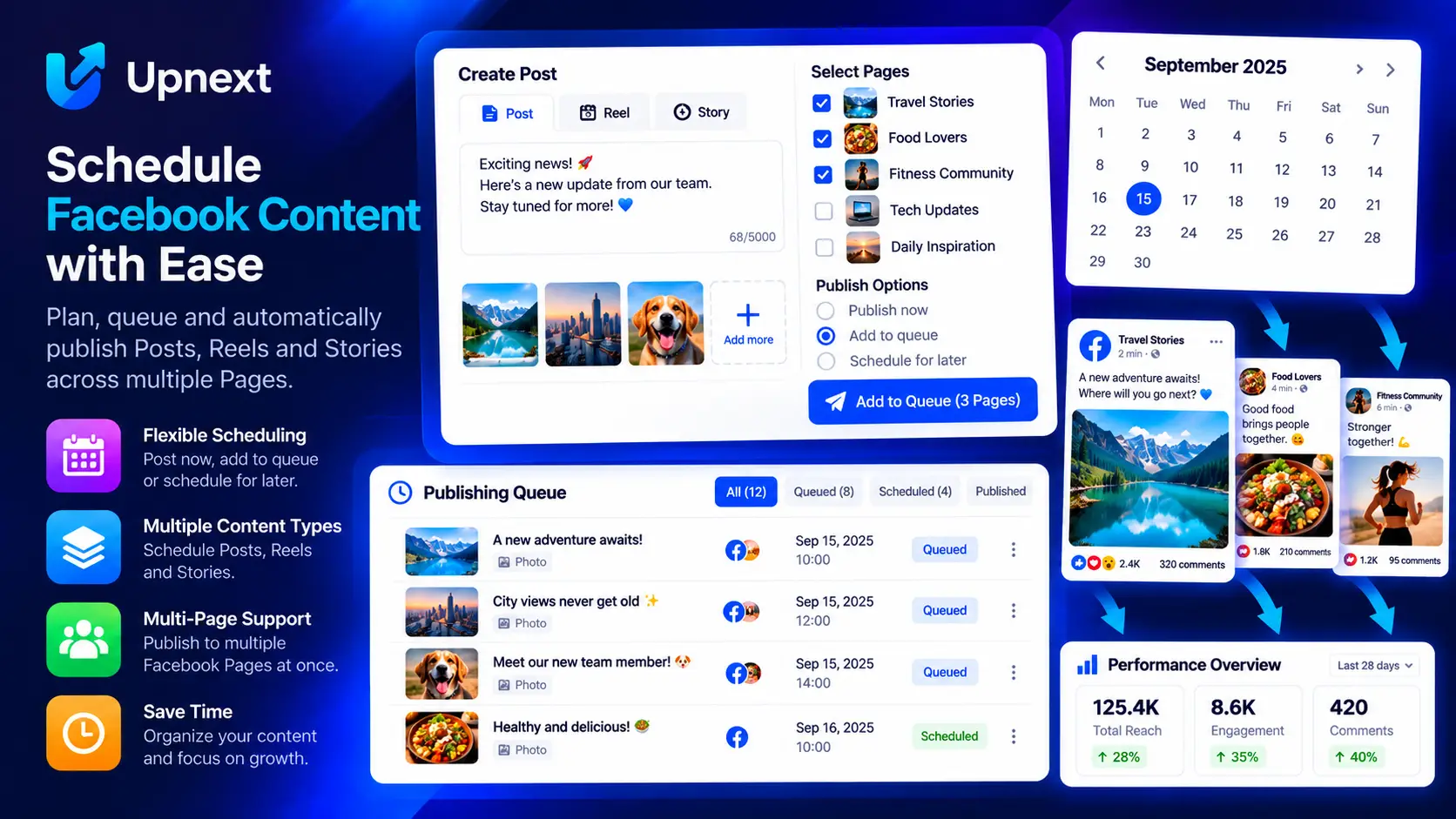 Upnext Facebook content calendar for scheduling Posts, Reels and Stories across multiple Pages