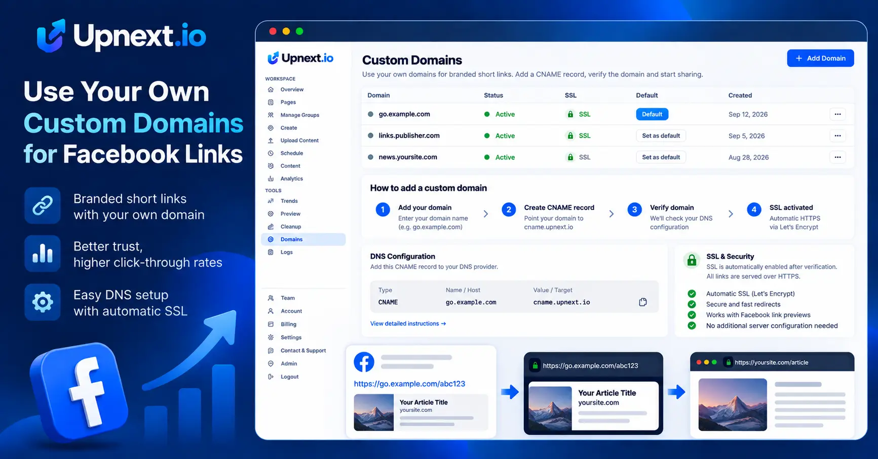 Upnext custom domains dashboard for branded Facebook publishing links
