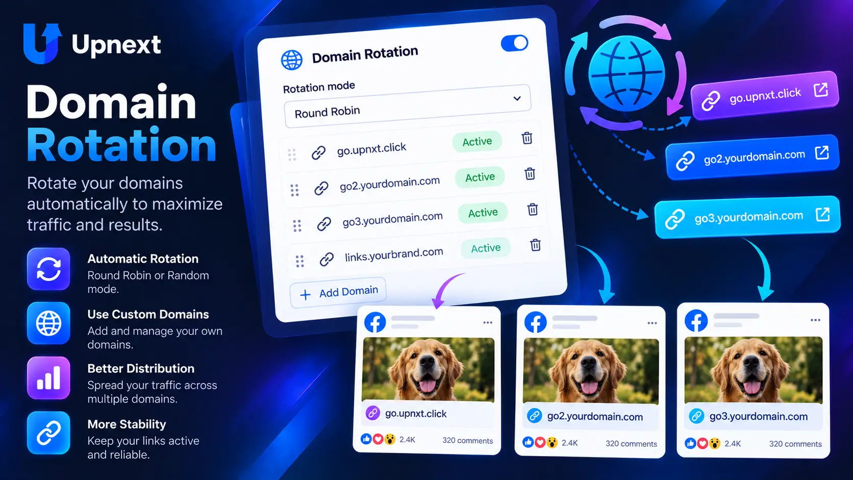 Upnext Facebook domain rotation for automatically distributing Page links across verified custom domains
