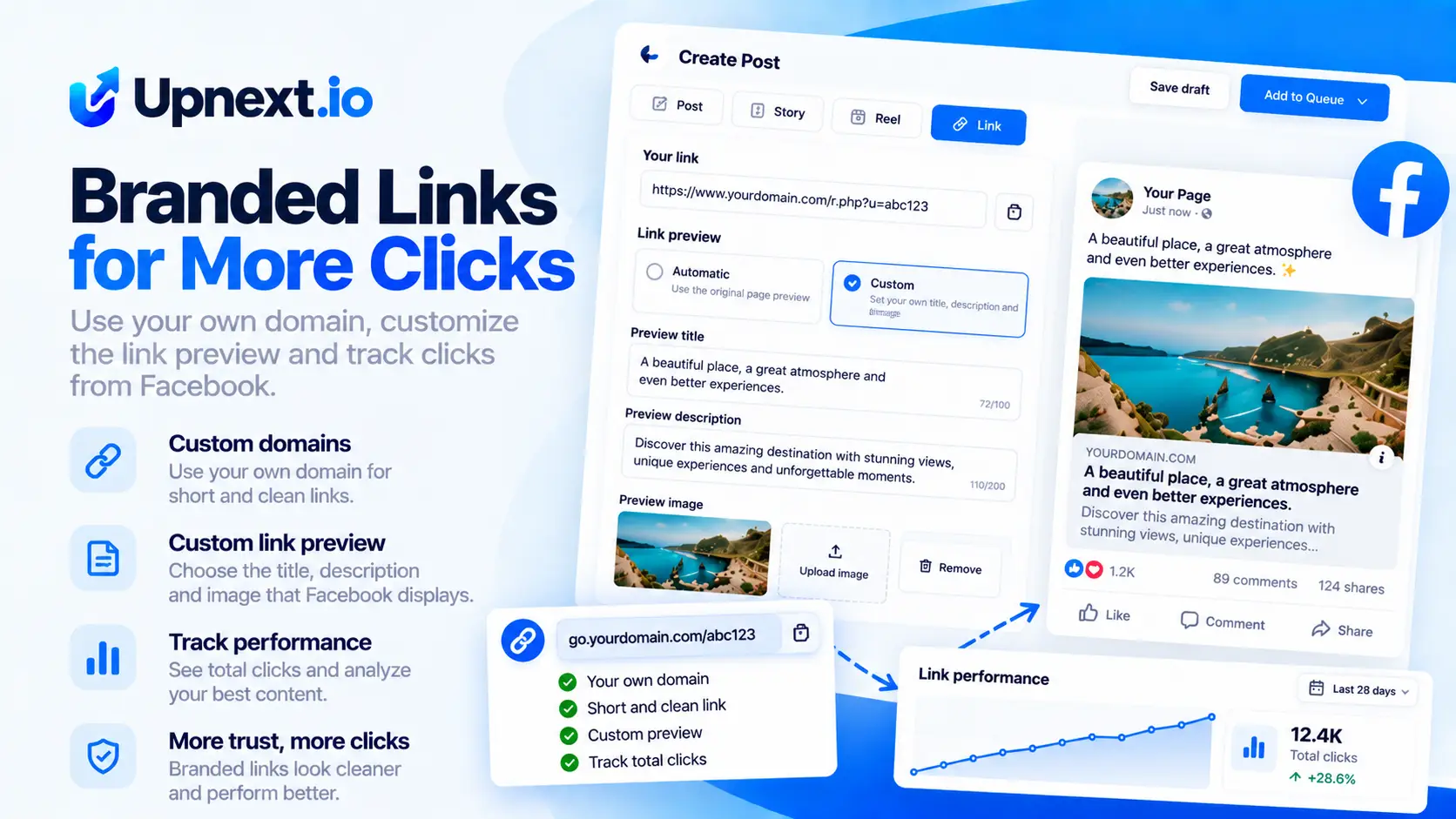 Upnext Facebook link customizer with branded domains, custom link previews and click tracking