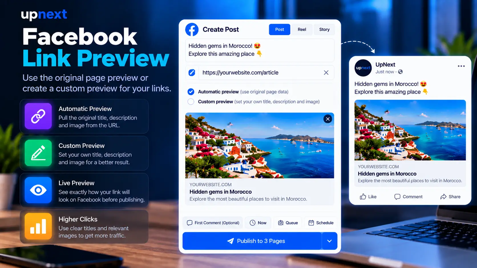 Upnext Facebook link preview with automatic and custom preview options