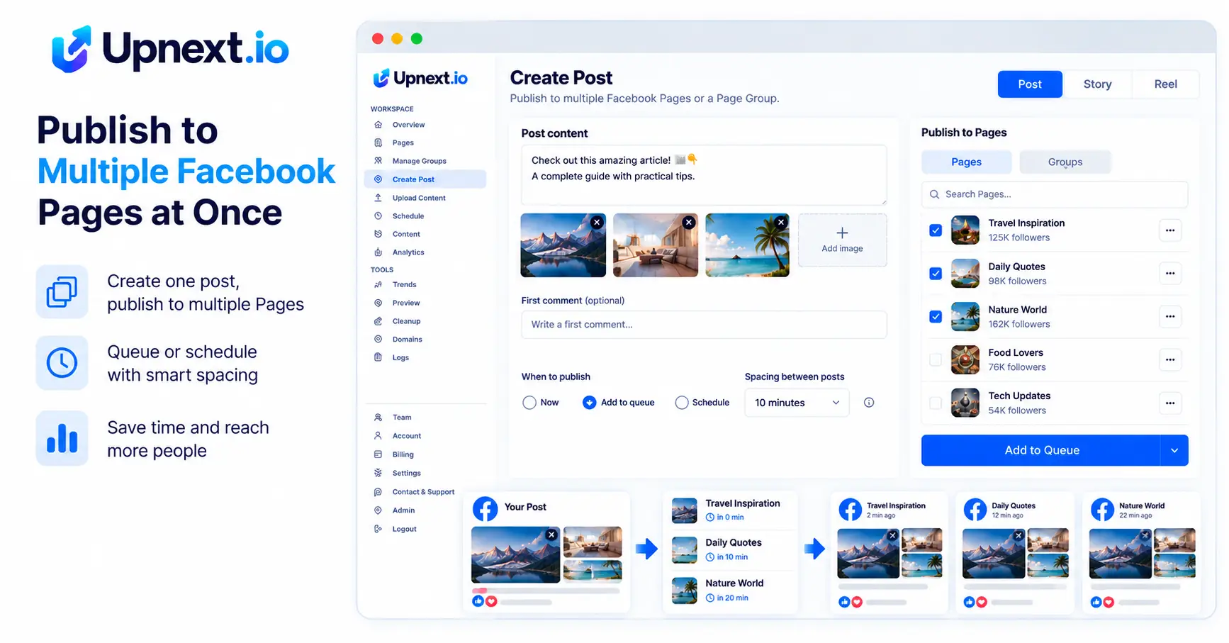 Upnext multi-Page Facebook publishing workflow with multiple images and controlled spacing