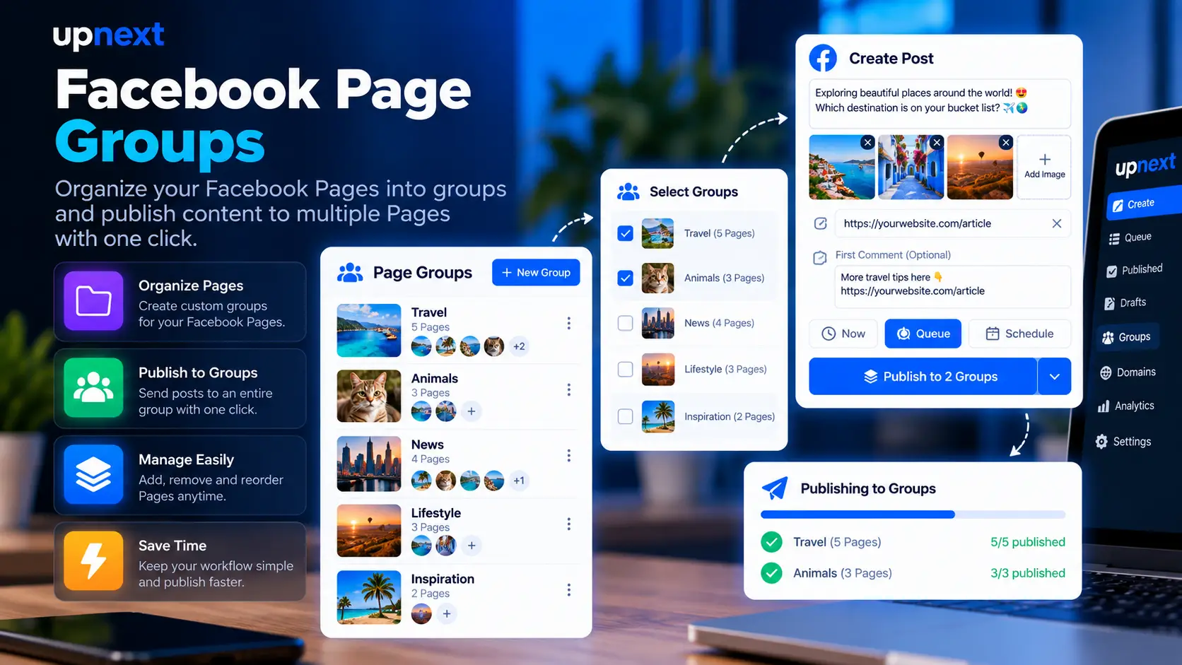 Upnext Facebook Page Groups for organizing Pages and publishing to multiple Pages together