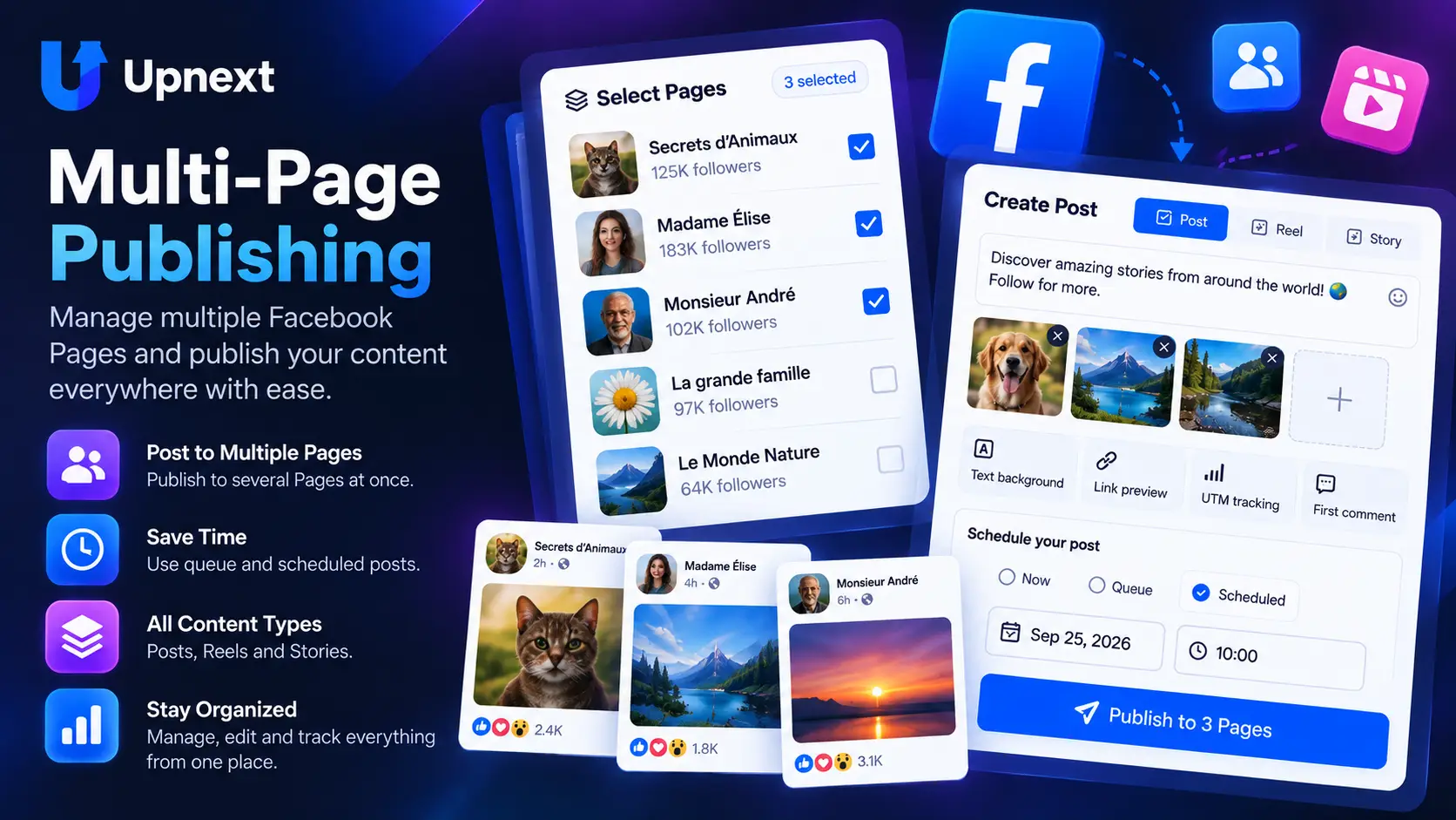 Upnext Facebook Page management tool for selecting and publishing content across multiple Pages