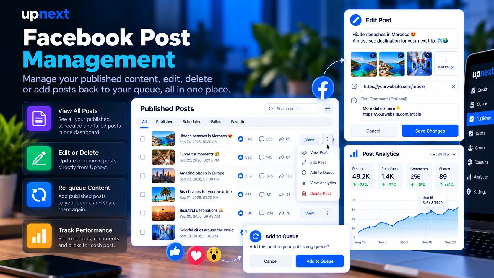 Upnext Facebook post management workspace for managing published content across Pages