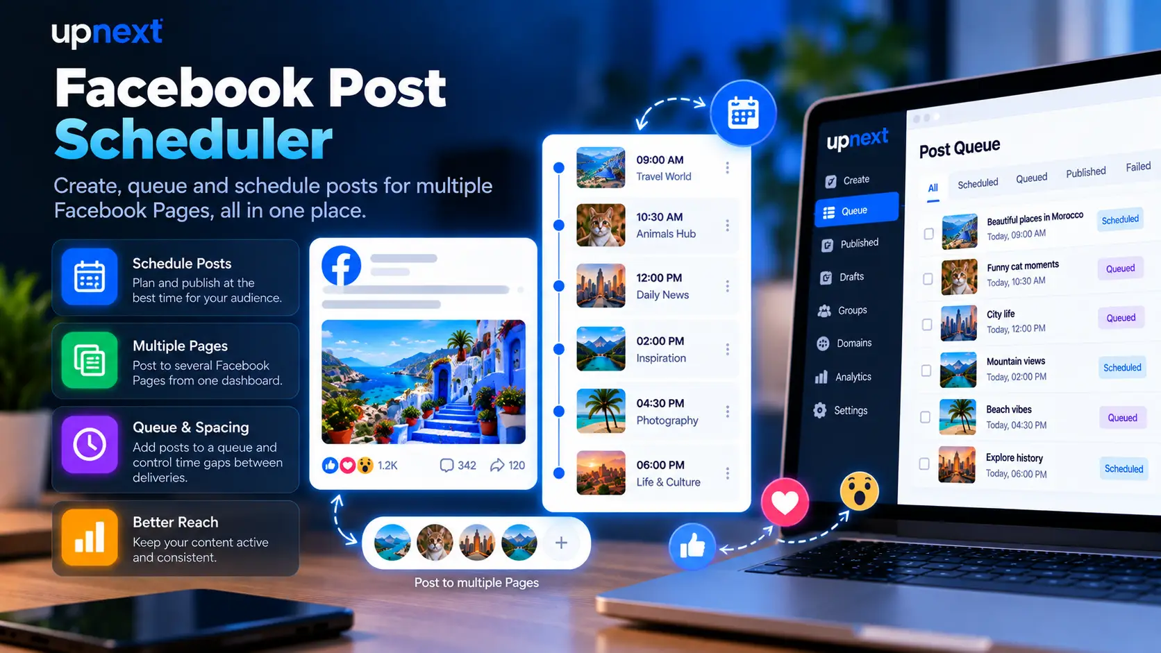 Upnext Facebook post scheduler for creating, queuing and scheduling posts across multiple Pages