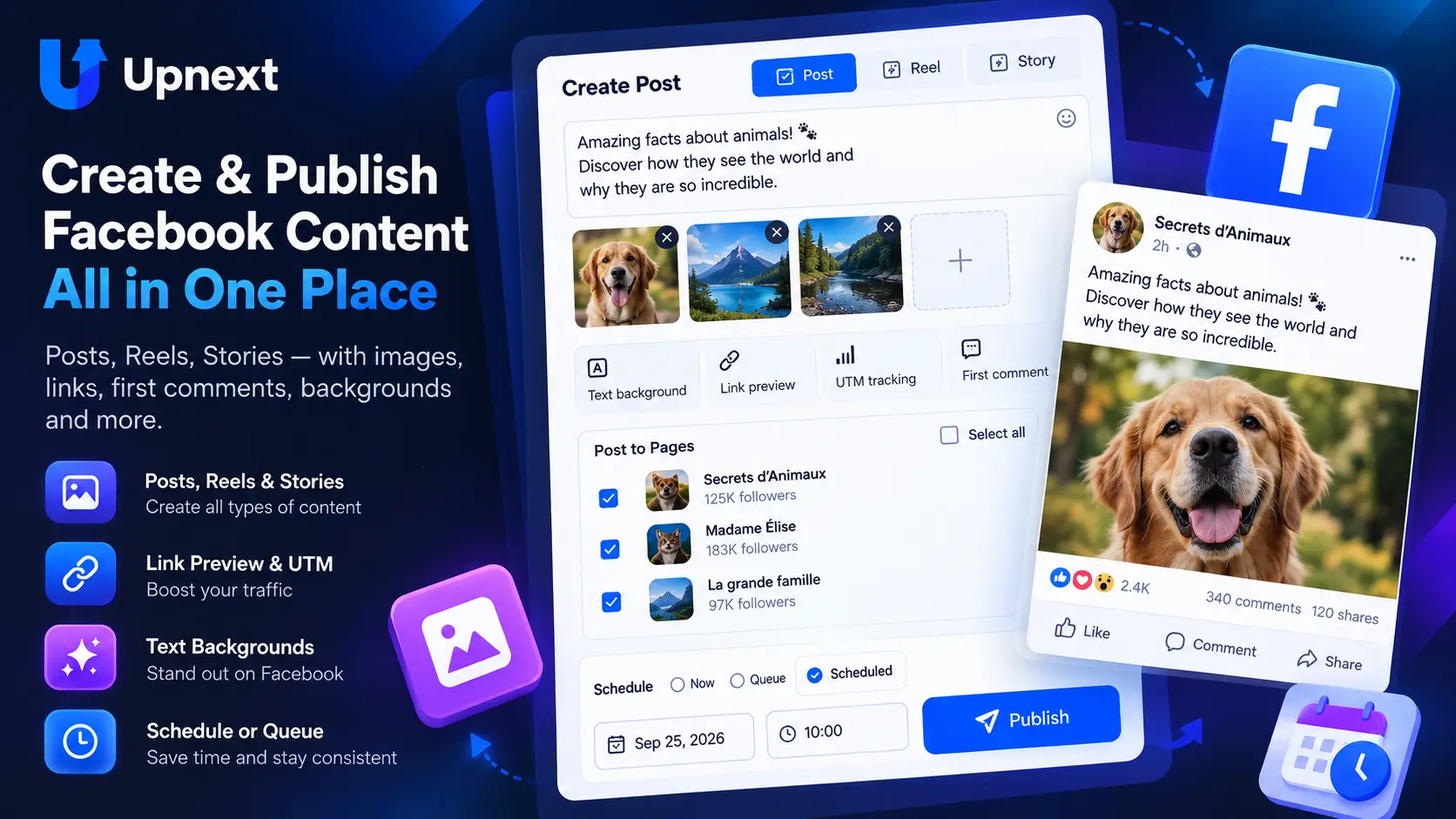 Upnext Facebook publishing workspace for creating, scheduling and distributing content across multiple Pages