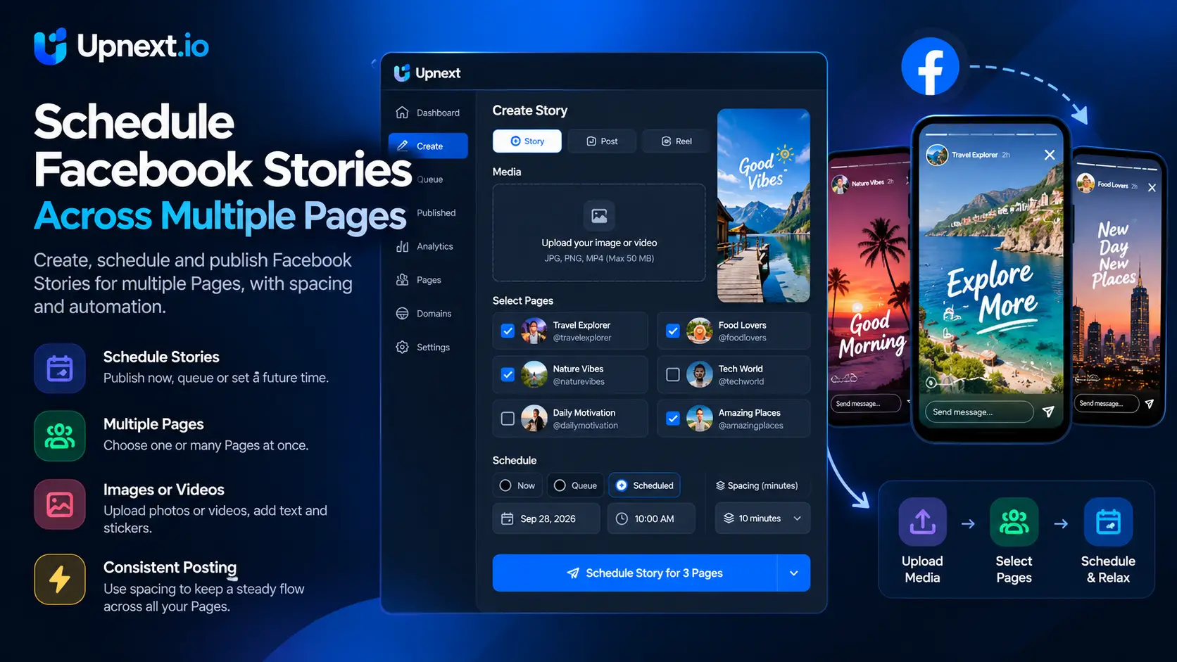 Upnext Facebook Story scheduler for publishing image and video Stories across multiple Facebook Pages