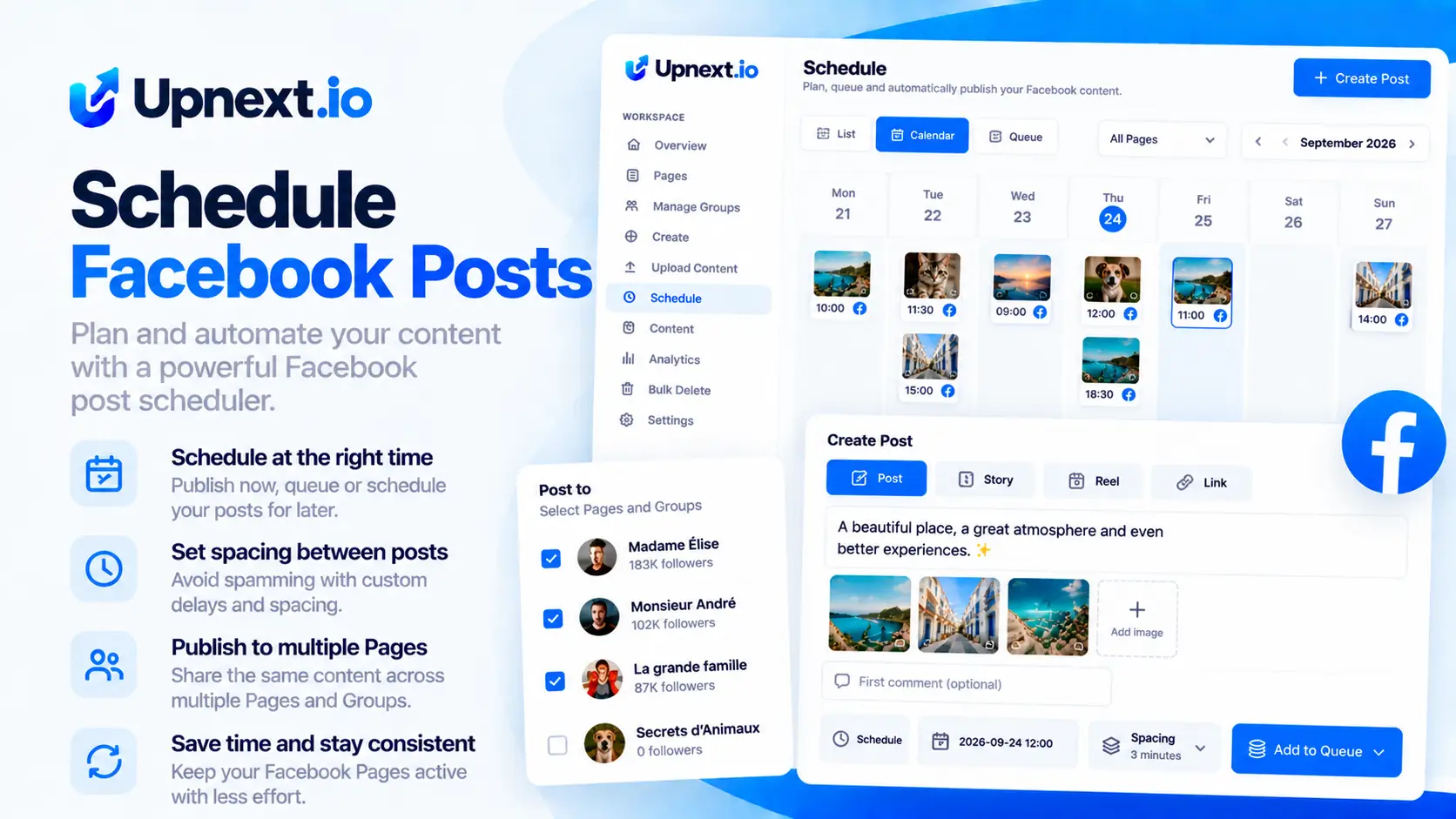Upnext Facebook post scheduler with content calendar, queue, spacing and multiple Page publishing