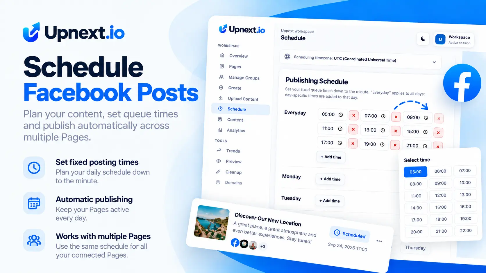Upnext Facebook post queue with fixed publishing times and automatic scheduling across multiple Pages