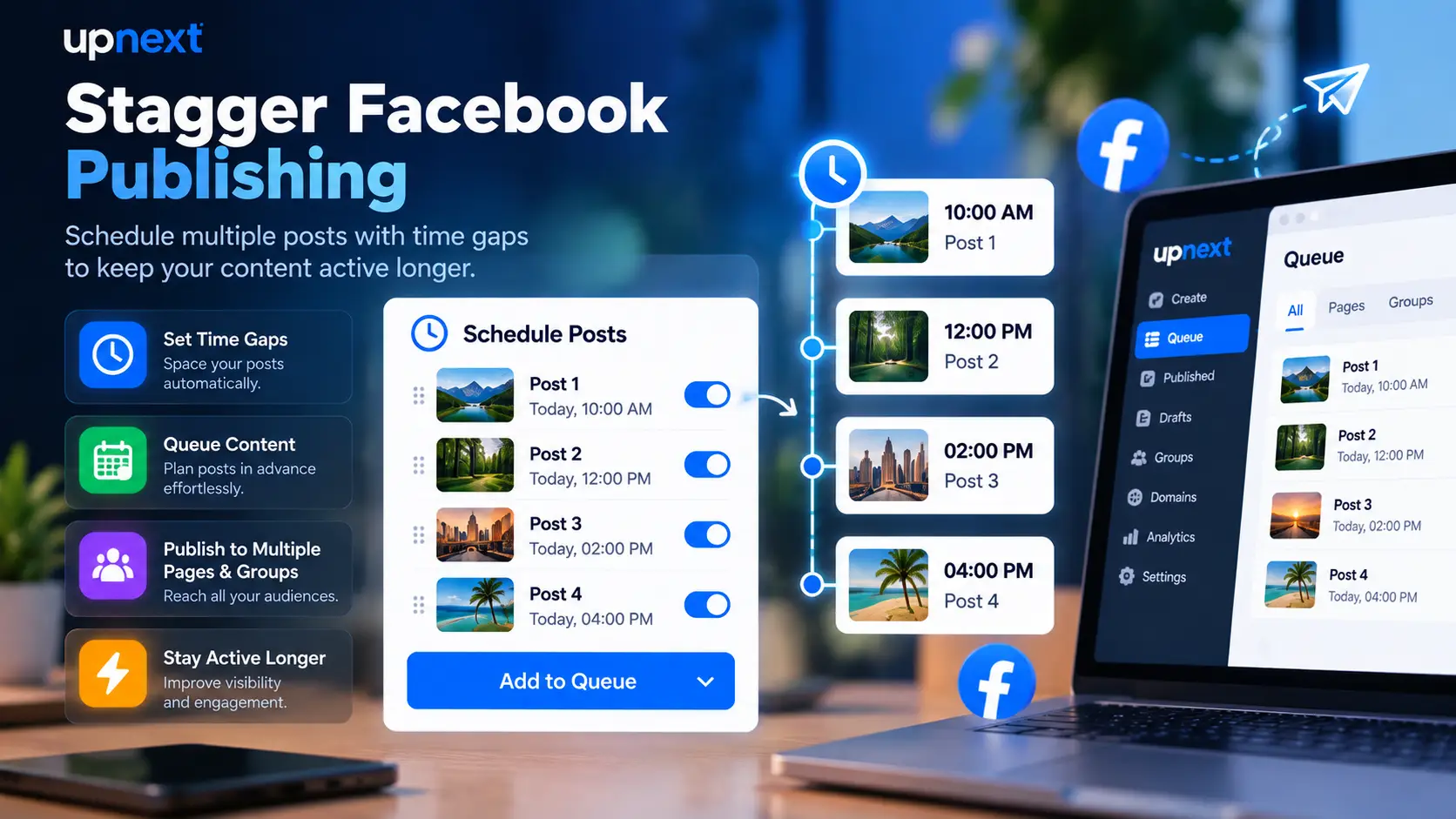 Upnext staggered Facebook publishing workflow with controlled time gaps between Page deliveries